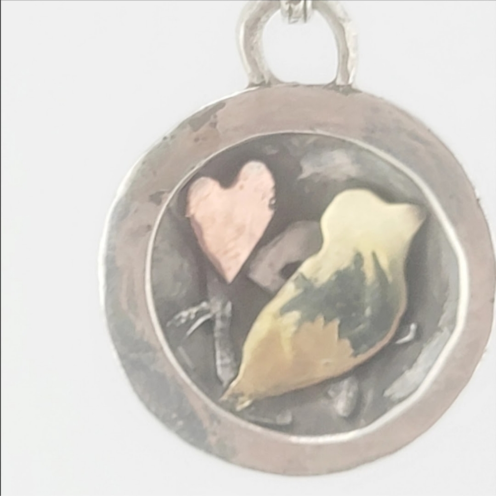 BIRD HEART HOLLOW PENDANT HANDMADE IN STERLING SILVER,COPPER & BRASS METAL - Picture 3 of 6
